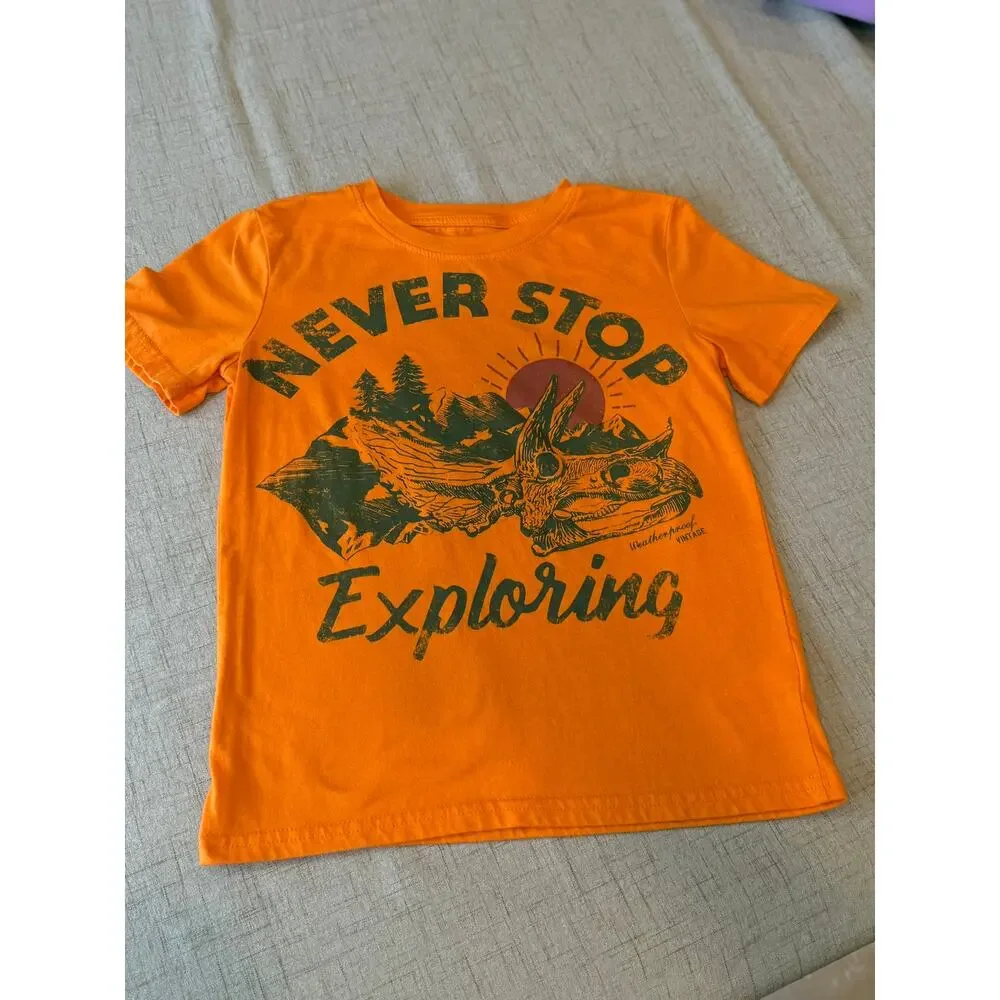 Weatherproof Vintage Boys Orange Triceratops Dinosaur Tee Shirt Size S (7-8)